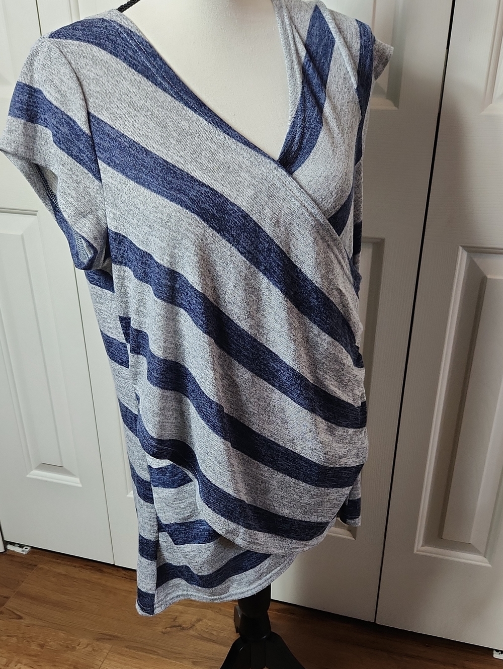 Susan Betro, Weekends, Navy & Gray Striped Wrap-Front Tunic Top